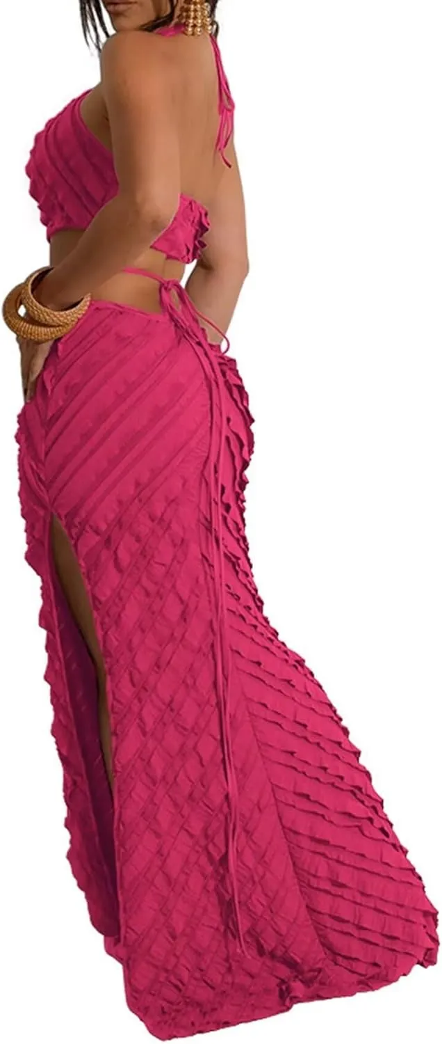 Aro Lora Womens Sexy Halter Neck Criss Cross Pleated Hollow Out Side Slit Bodycon Maxi Dress