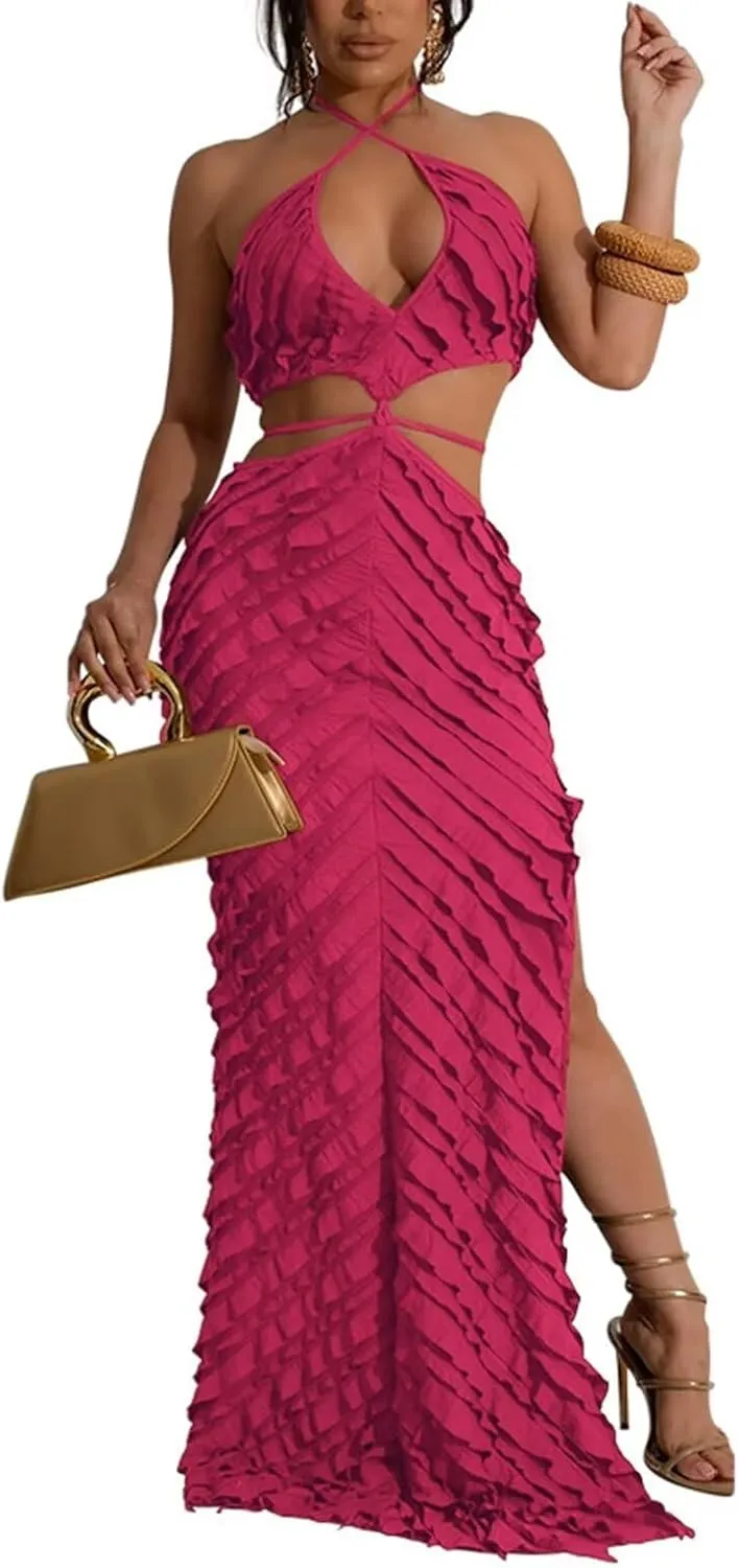 Aro Lora Womens Sexy Halter Neck Criss Cross Pleated Hollow Out Side Slit Bodycon Maxi Dress