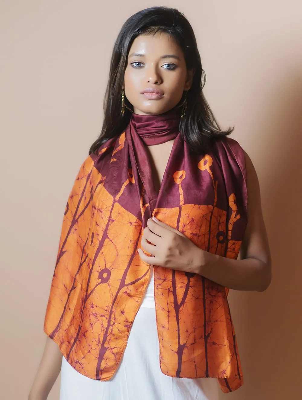 Light & Elegant Silk Batik Stole - Rust Orange & Maroon
