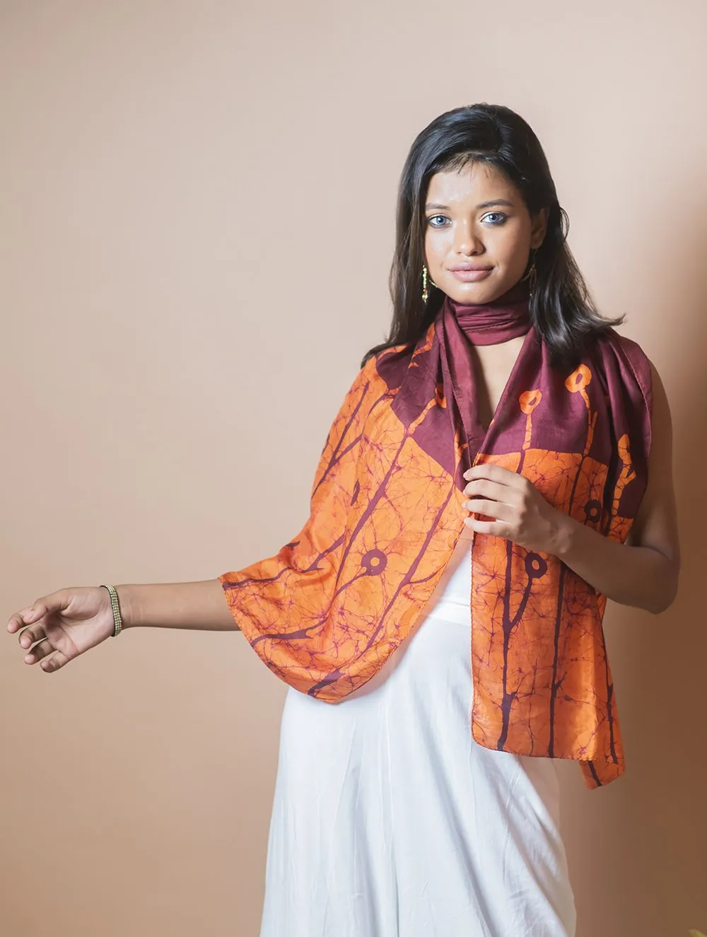 Light & Elegant Silk Batik Stole - Rust Orange & Maroon