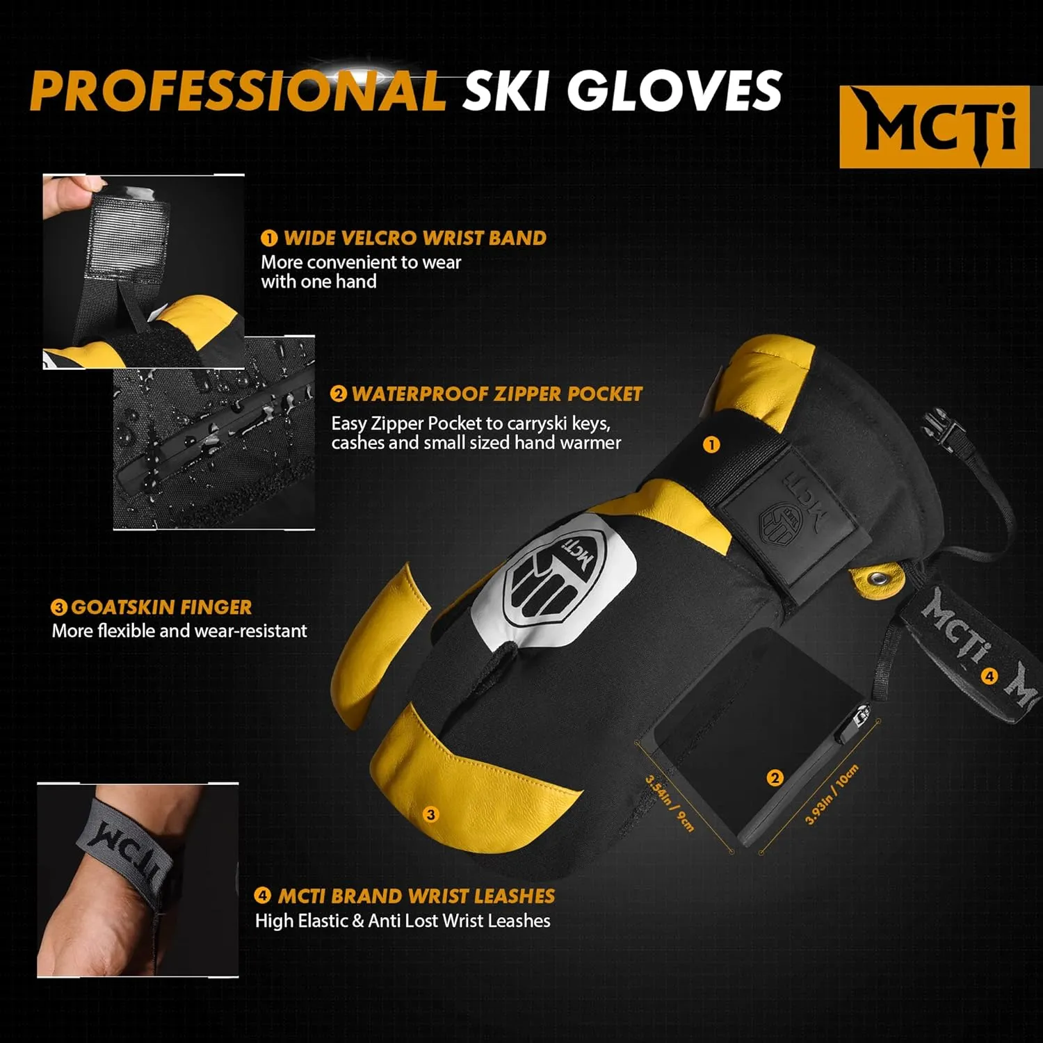 MCTi Snowboard Gloves with Wrist Guard 3-Finger Abrasion Resistant Gloves Waterproof for Winter Snow Skiing
