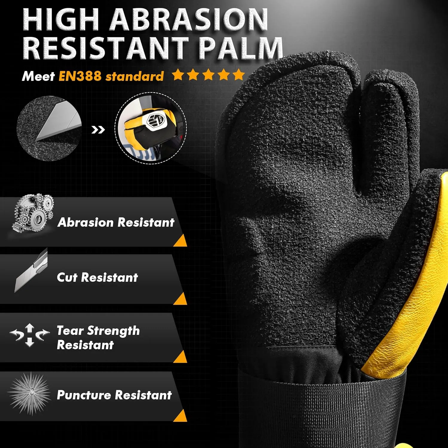 MCTi Snowboard Gloves with Wrist Guard 3-Finger Abrasion Resistant Gloves Waterproof for Winter Snow Skiing