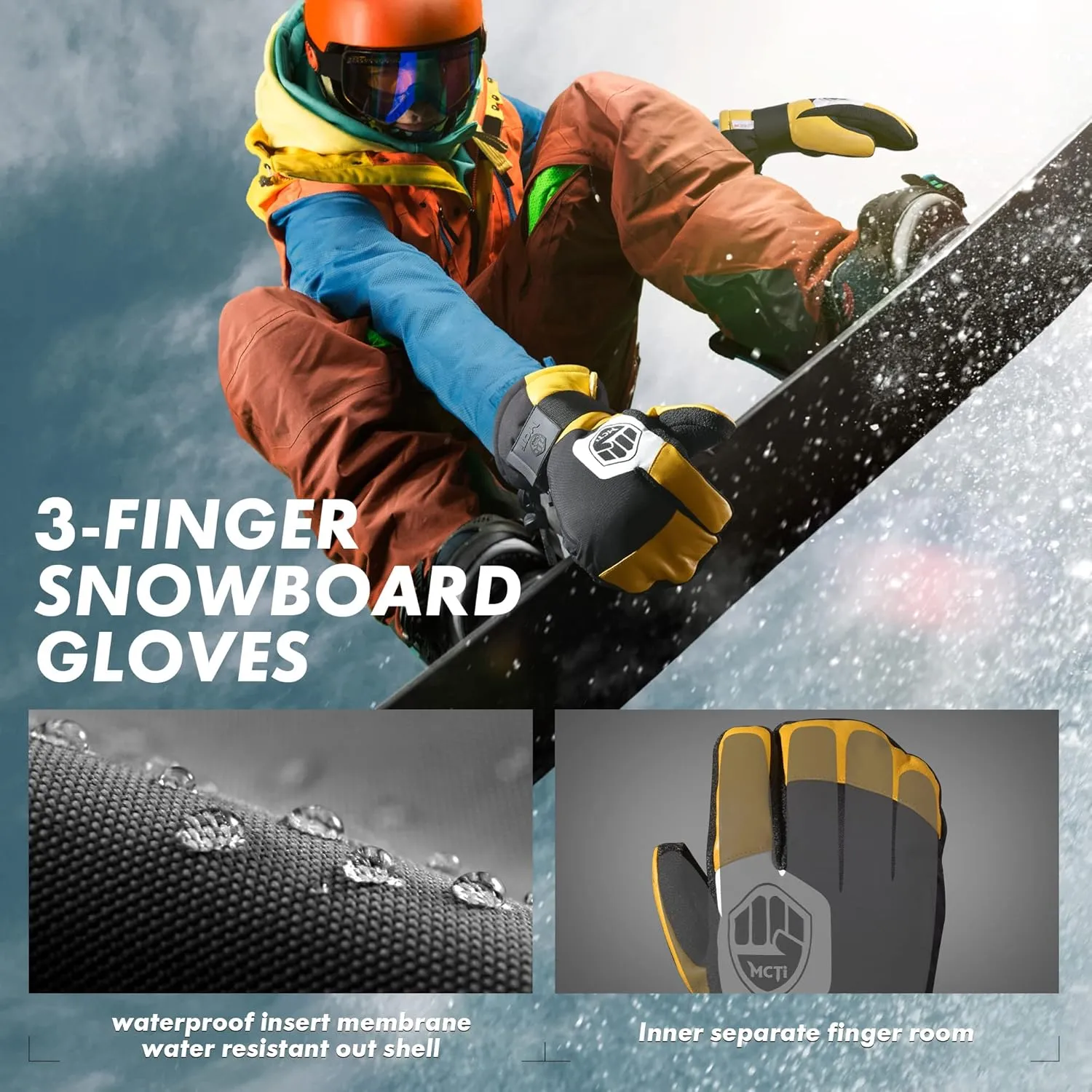 MCTi Snowboard Gloves with Wrist Guard 3-Finger Abrasion Resistant Gloves Waterproof for Winter Snow Skiing