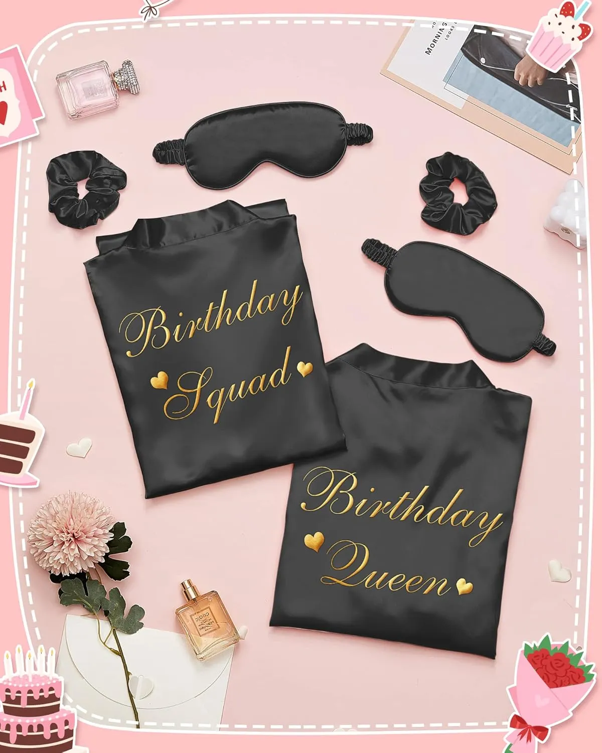 Neer 21 Pcs Women Birthday Party Robe Set Queen Squad Kimono Satin Bathrobes with Eye Mask and Scrunchie for Birthday