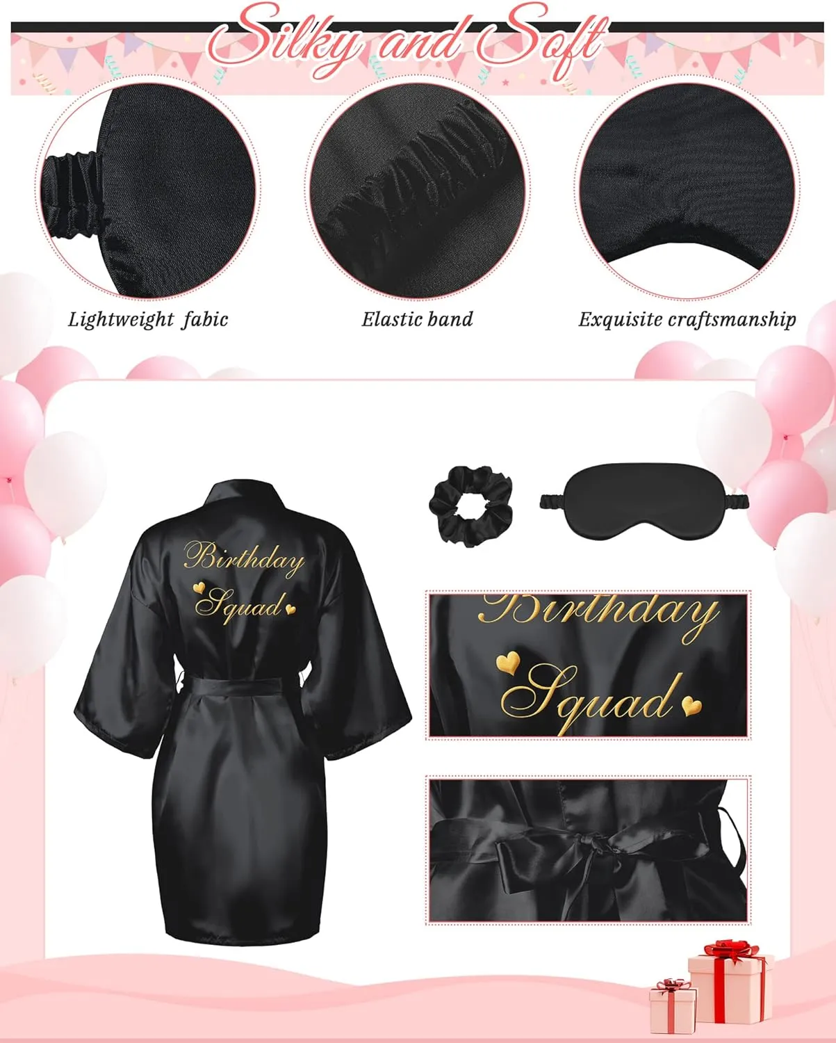Neer 21 Pcs Women Birthday Party Robe Set Queen Squad Kimono Satin Bathrobes with Eye Mask and Scrunchie for Birthday