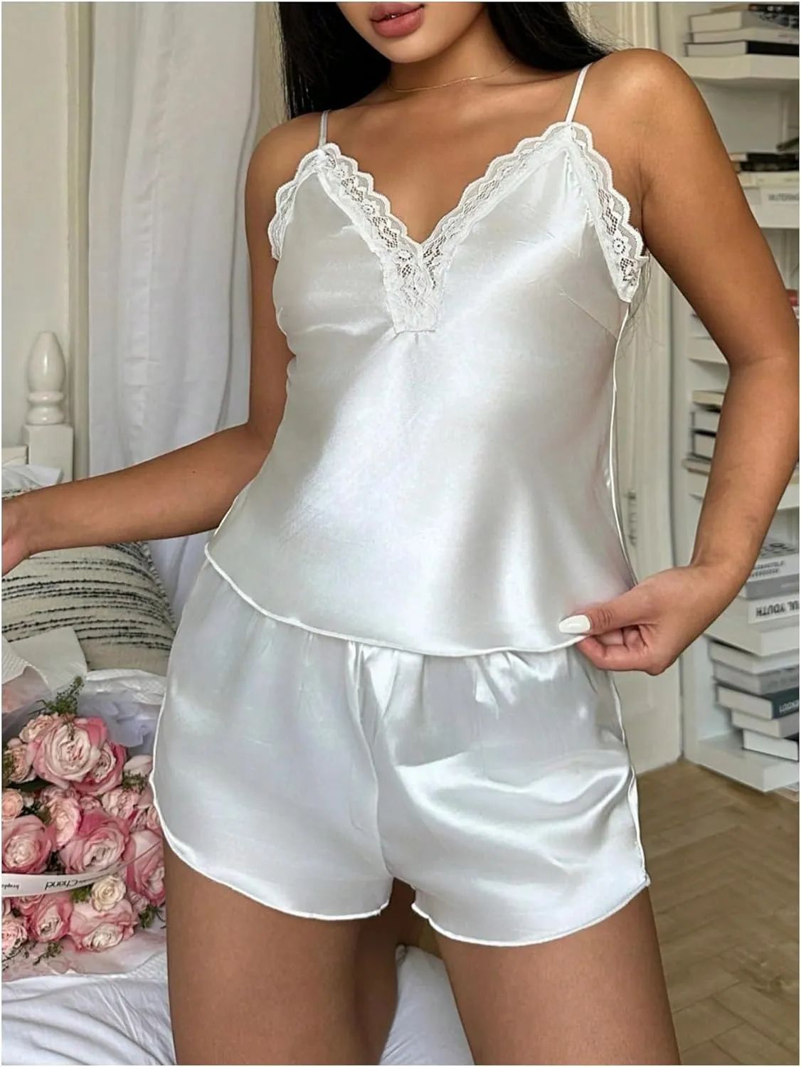OYOANGLE Women's 2 Piece Satin Pajama Set Lace Trim V Neck Camisole and Shorts Silk Lingerie Sleepwear