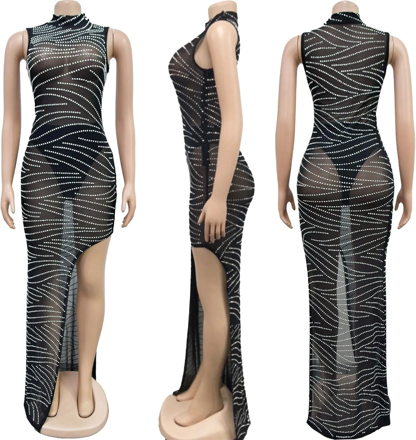 PORRCEY Women Sexy Elegant Rhinestone Mesh See Through Dress Hot Drilling Party Club Night Outfits