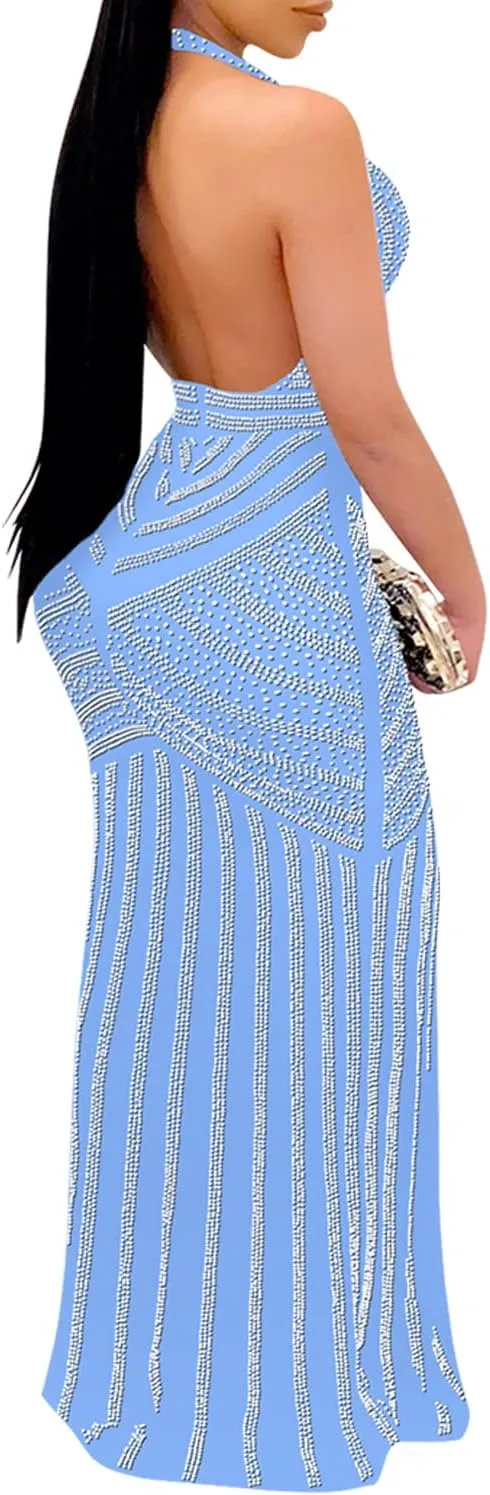 PORRCEY Women's Sexy Elegant Rhinestone Mesh See Through Bodycon Party Club Night Prom Dress