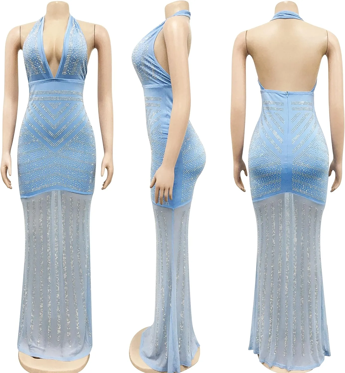 PORRCEY Women's Sexy Elegant Rhinestone Mesh See Through Bodycon Party Club Night Prom Dress