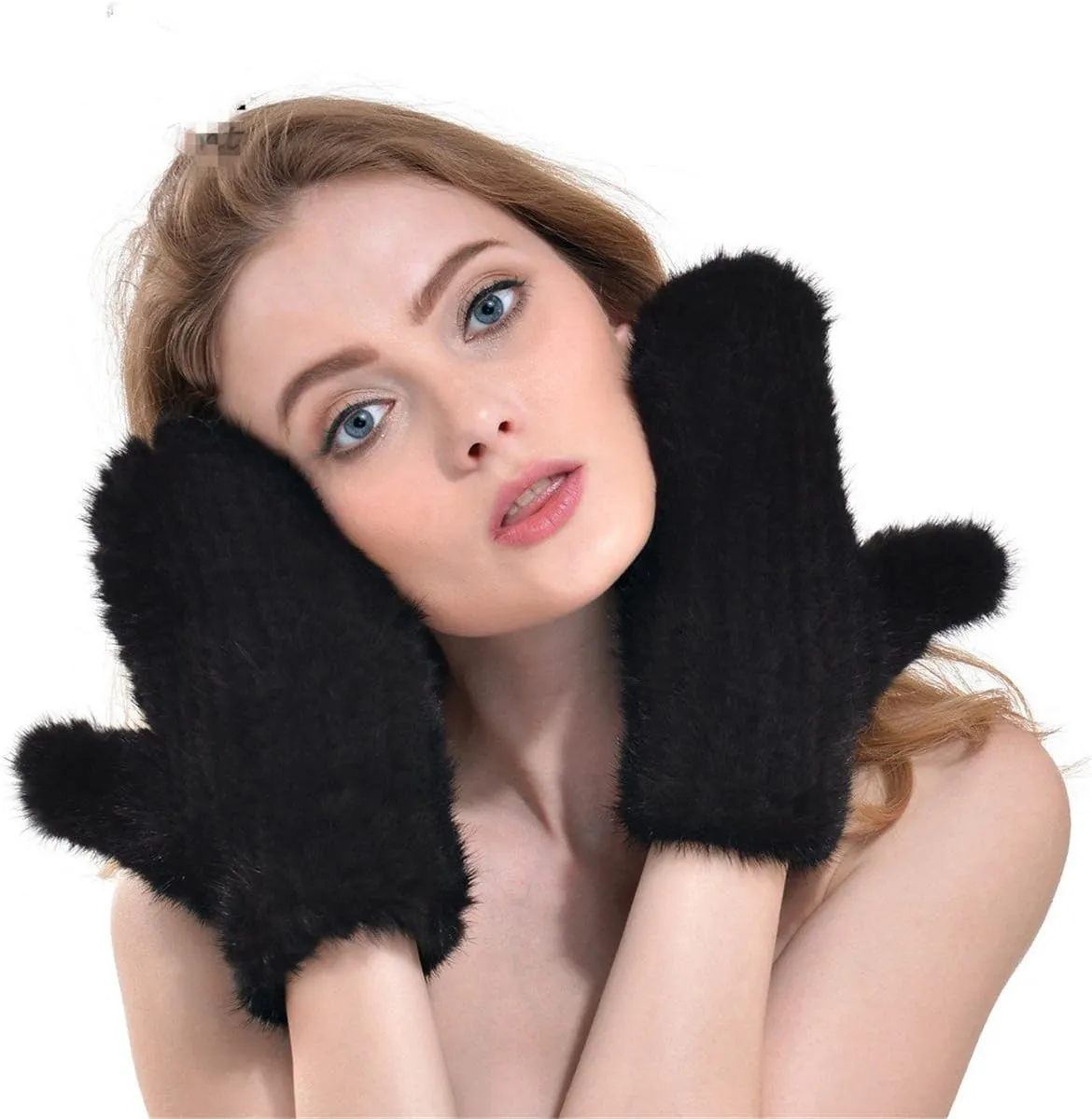 Qhome Women's Winter Mittens Knitted Mink Fur Full Finger Gloves