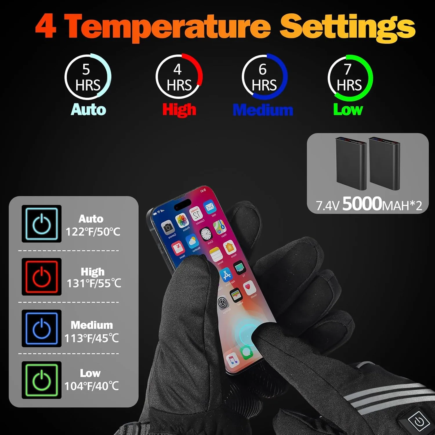 Rechargeable Heated Gloves with 4 Temperature Modes, 7.4V 5000mAh Battery, Waterproof, Camping Hand Warmers for Motorcycle Skiing Hiking Hunting Cycling