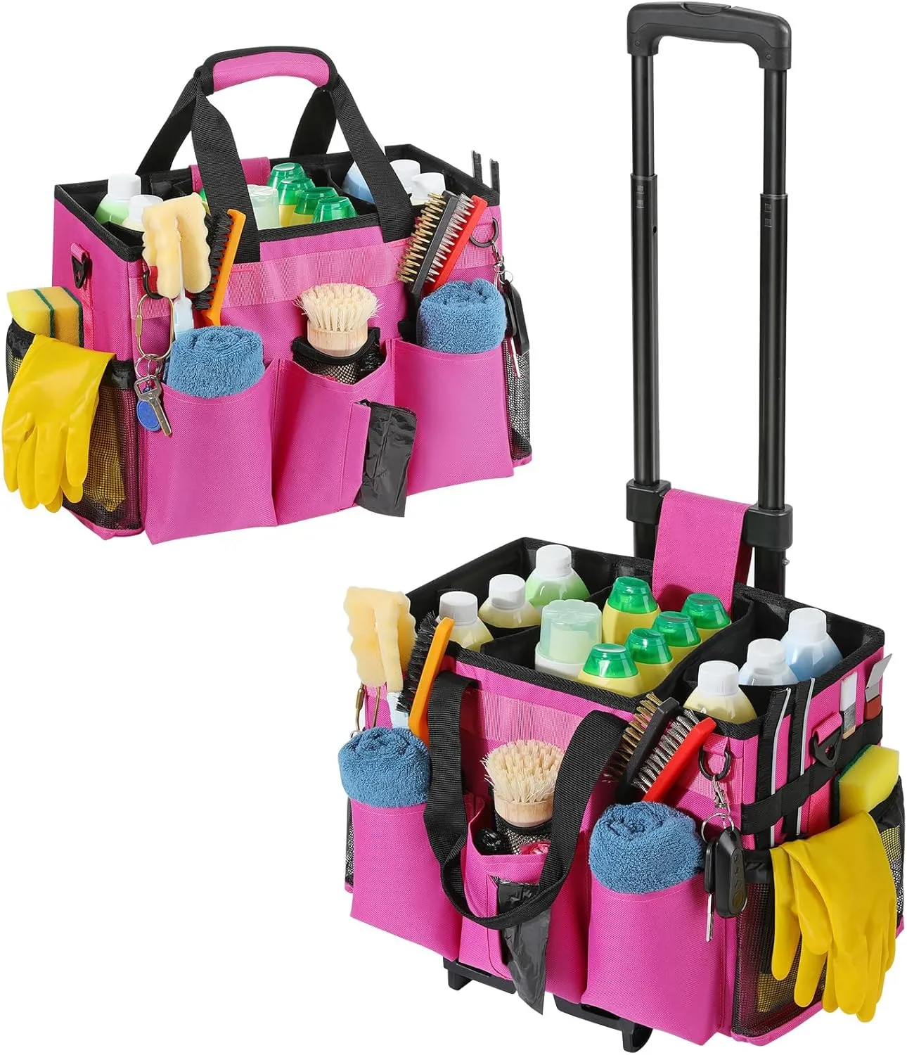 Rolling Cleaning Caddy Bag with Detachable Trolley, Professional Portable Large Cleaning Bag with Wheels, Wearable Cleaning Supply Bag on Wheels for Housekeepers, Rose Red