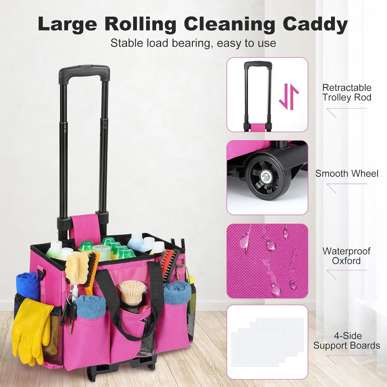 Rolling Cleaning Caddy Bag with Detachable Trolley, Professional Portable Large Cleaning Bag with Wheels, Wearable Cleaning Supply Bag on Wheels for Housekeepers, Rose Red