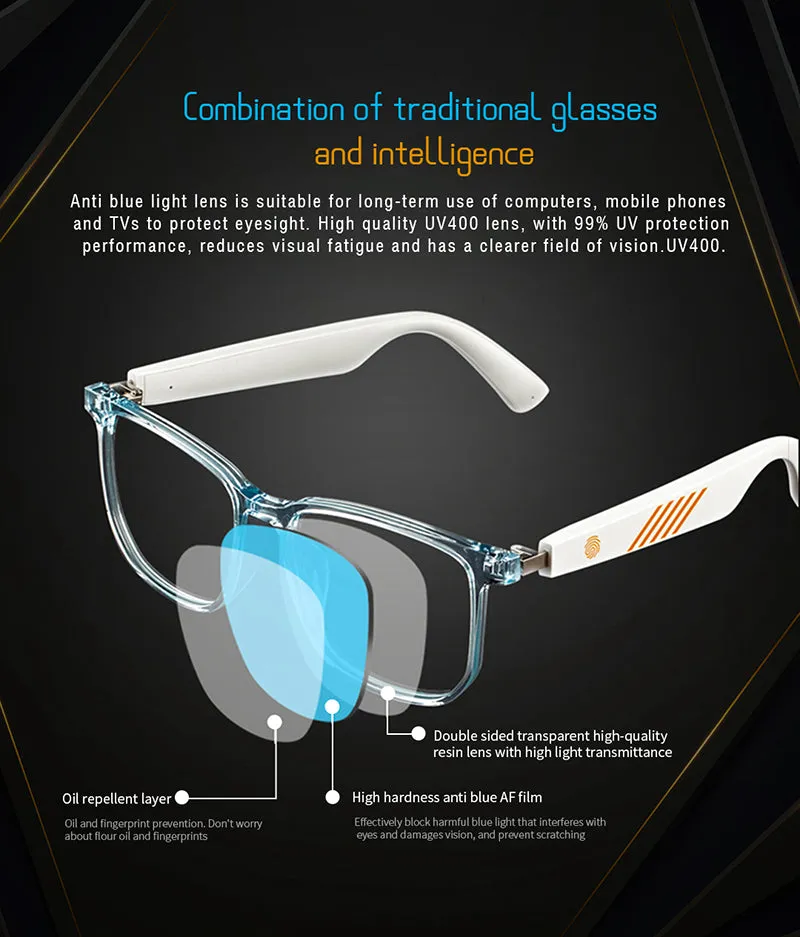 Smart Bluetooth 5.0 Waterproof Call Headphones Anti-Blue Light Music IP67 Wireless glasses