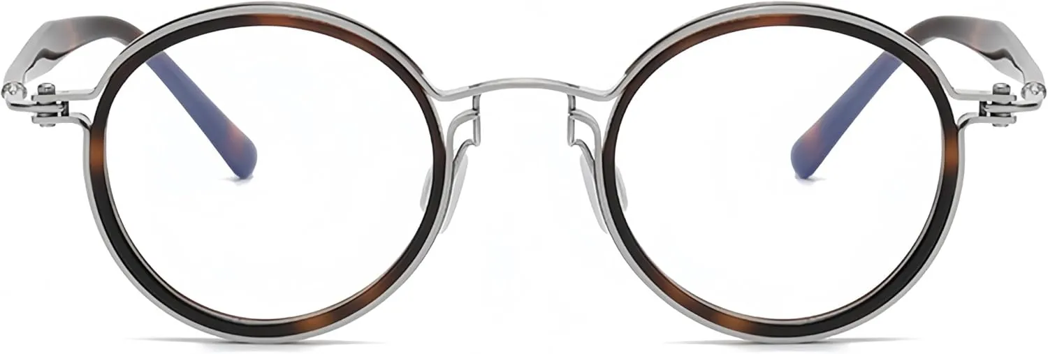 Tate Retro Titanium Acetate Prescription Glasses Frame，Luxury Round Eyeglasses with Blue Light Lenses 48-24-148mm