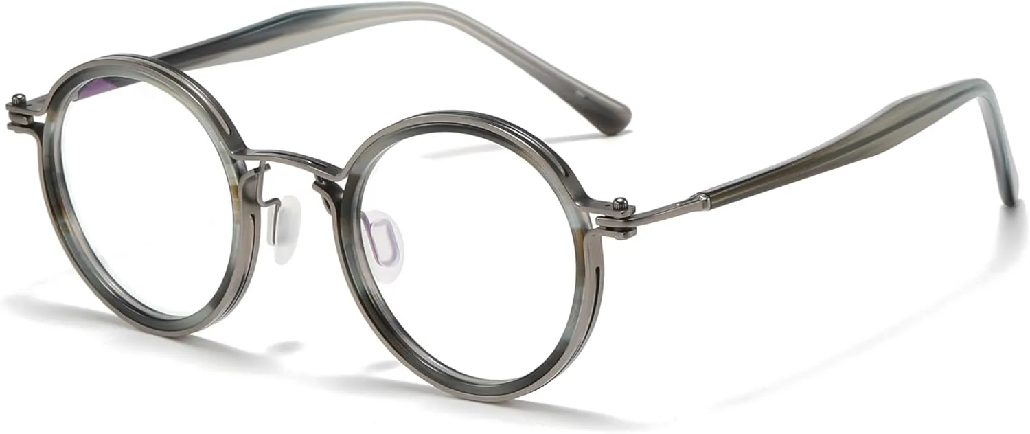 Tate Retro Titanium Acetate Prescription Glasses Frame，Luxury Round Eyeglasses with Blue Light Lenses 48-24-148mm