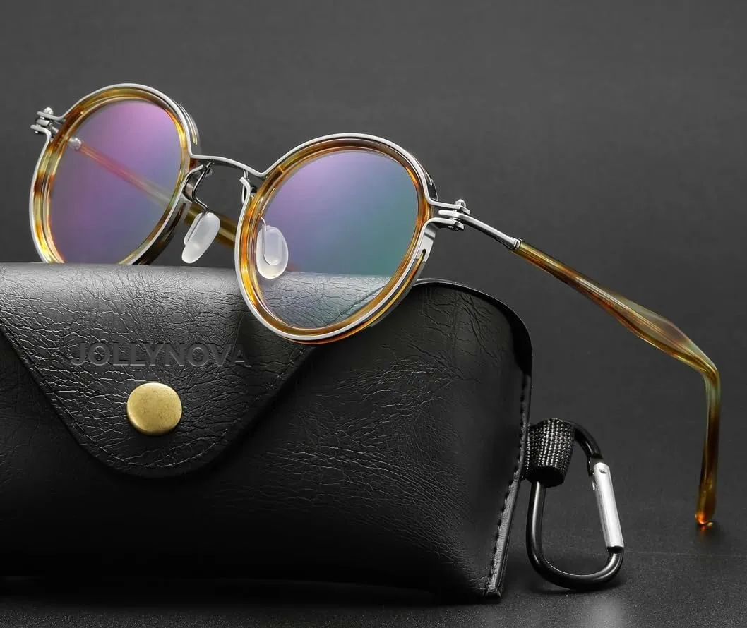 Tate Retro Titanium Acetate Prescription Glasses Frame，Luxury Round Eyeglasses with Blue Light Lenses 48-24-148mm