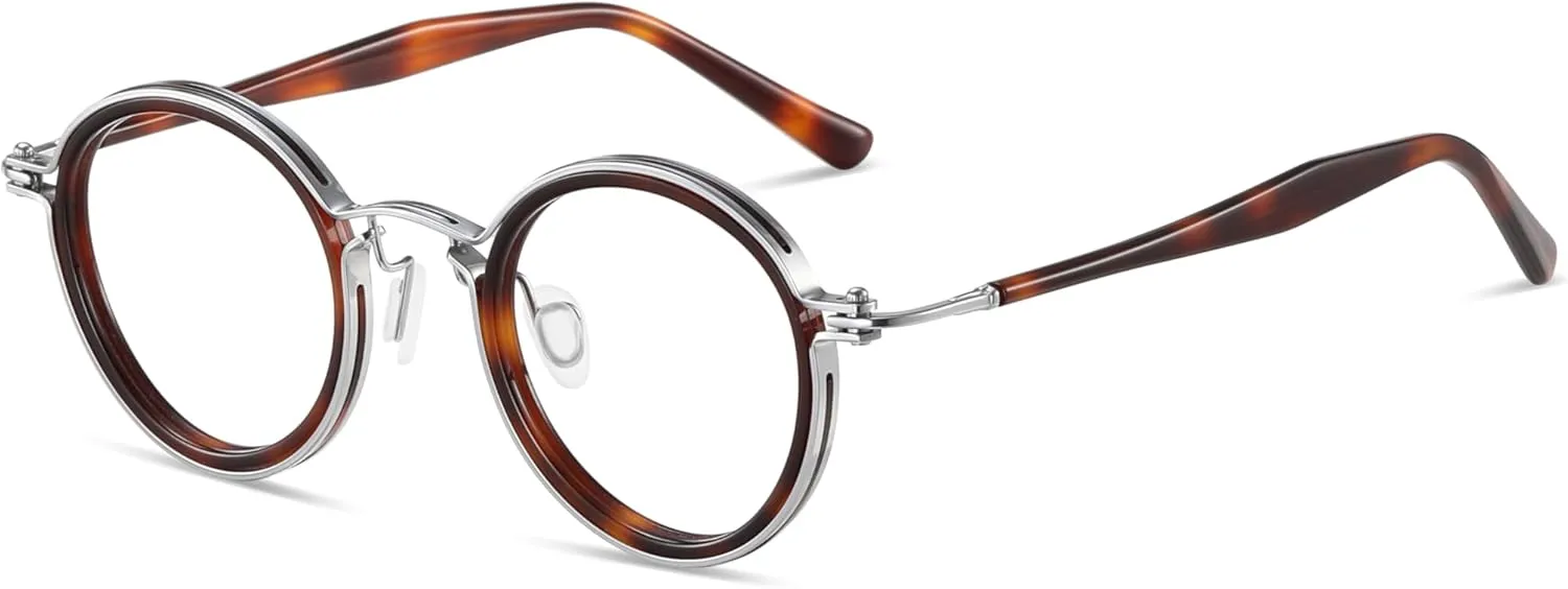 Tate Retro Titanium Acetate Prescription Glasses Frame，Luxury Round Eyeglasses with Blue Light Lenses 48-24-148mm