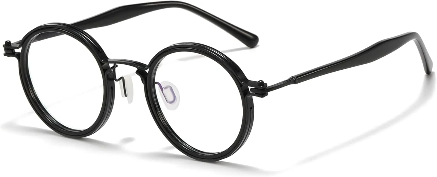 Tate Retro Titanium Acetate Prescription Glasses Frame，Luxury Round Eyeglasses with Blue Light Lenses 48-24-148mm