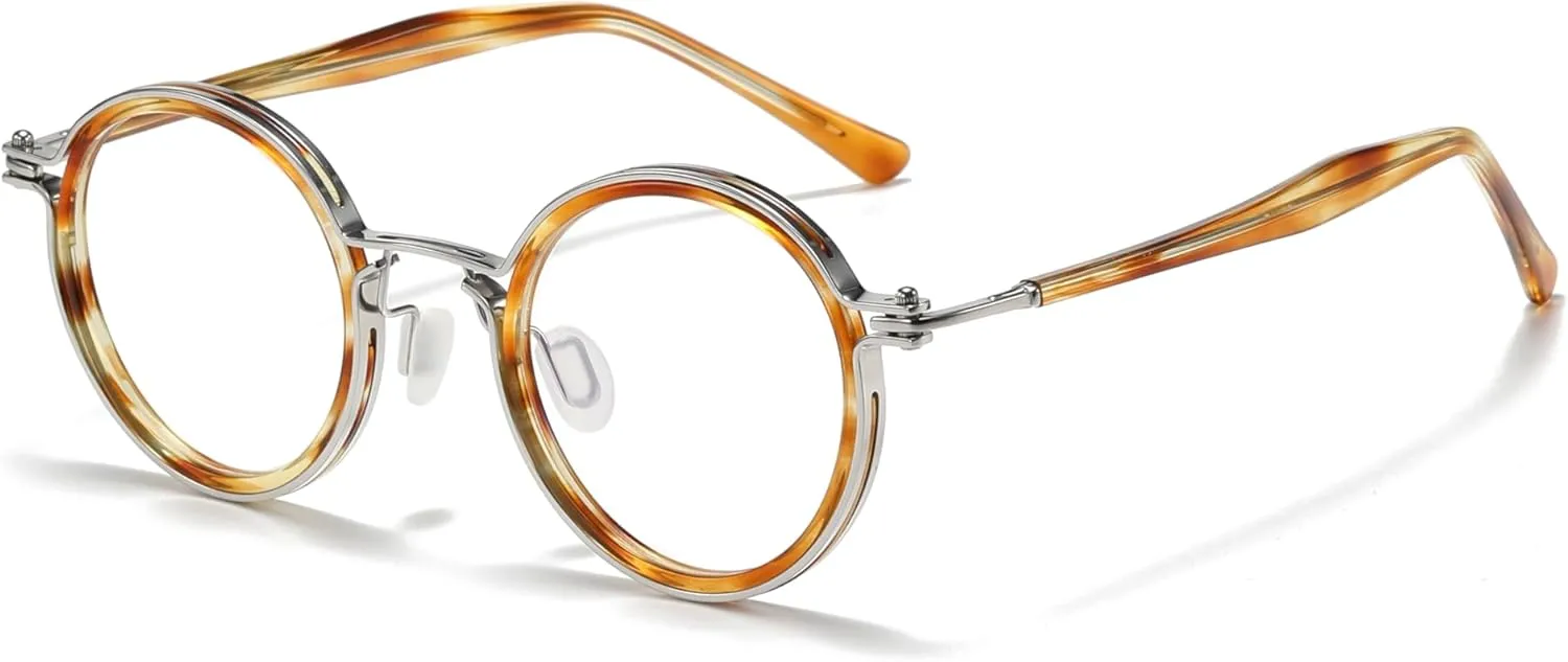 Tate Retro Titanium Acetate Prescription Glasses Frame，Luxury Round Eyeglasses with Blue Light Lenses 48-24-148mm