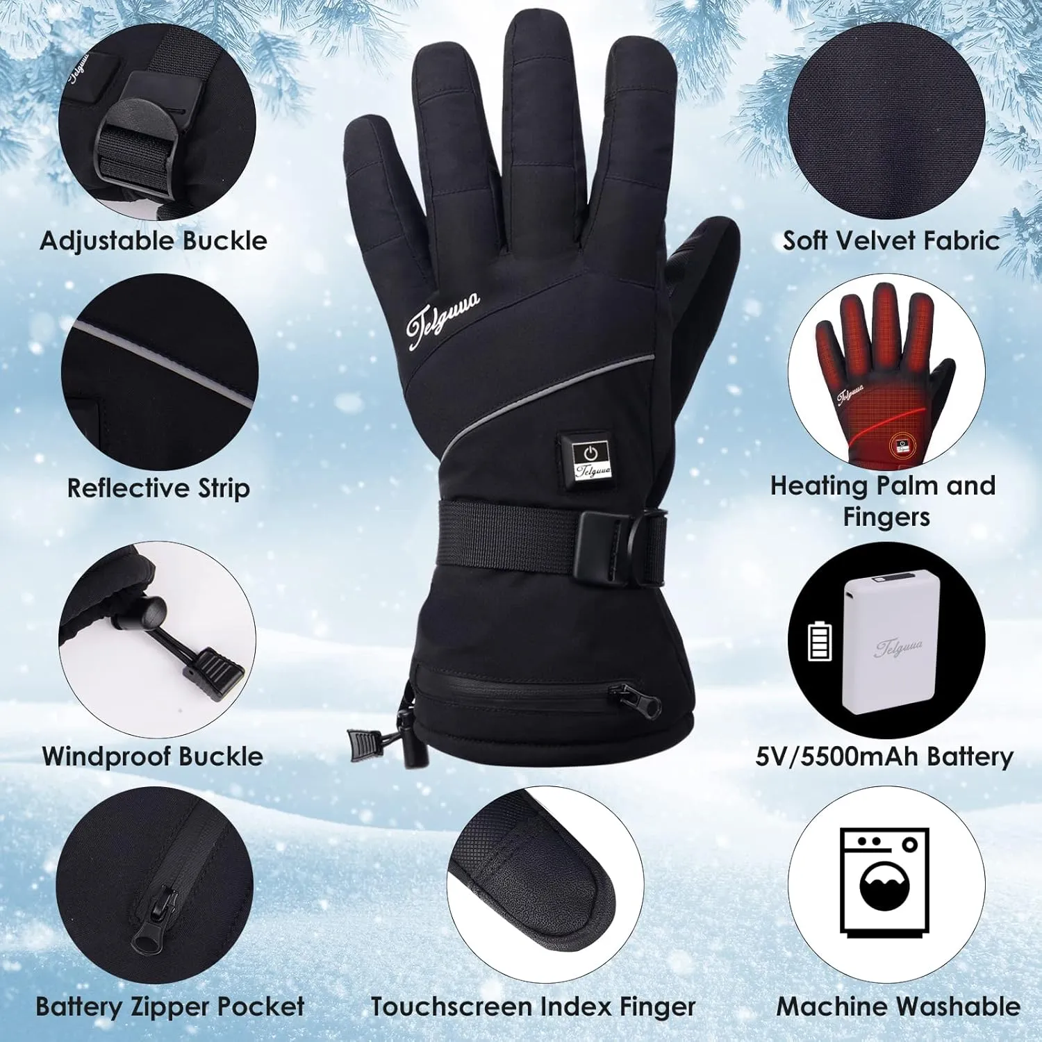 Telguua Heated Gloves for Women Men,Upgraded Battery 5500mAh Electric Heated Ski Gloves Rechargeable for Women Waterproof Touchscreen Heated Work Glove for Raynaud's&Arthritis