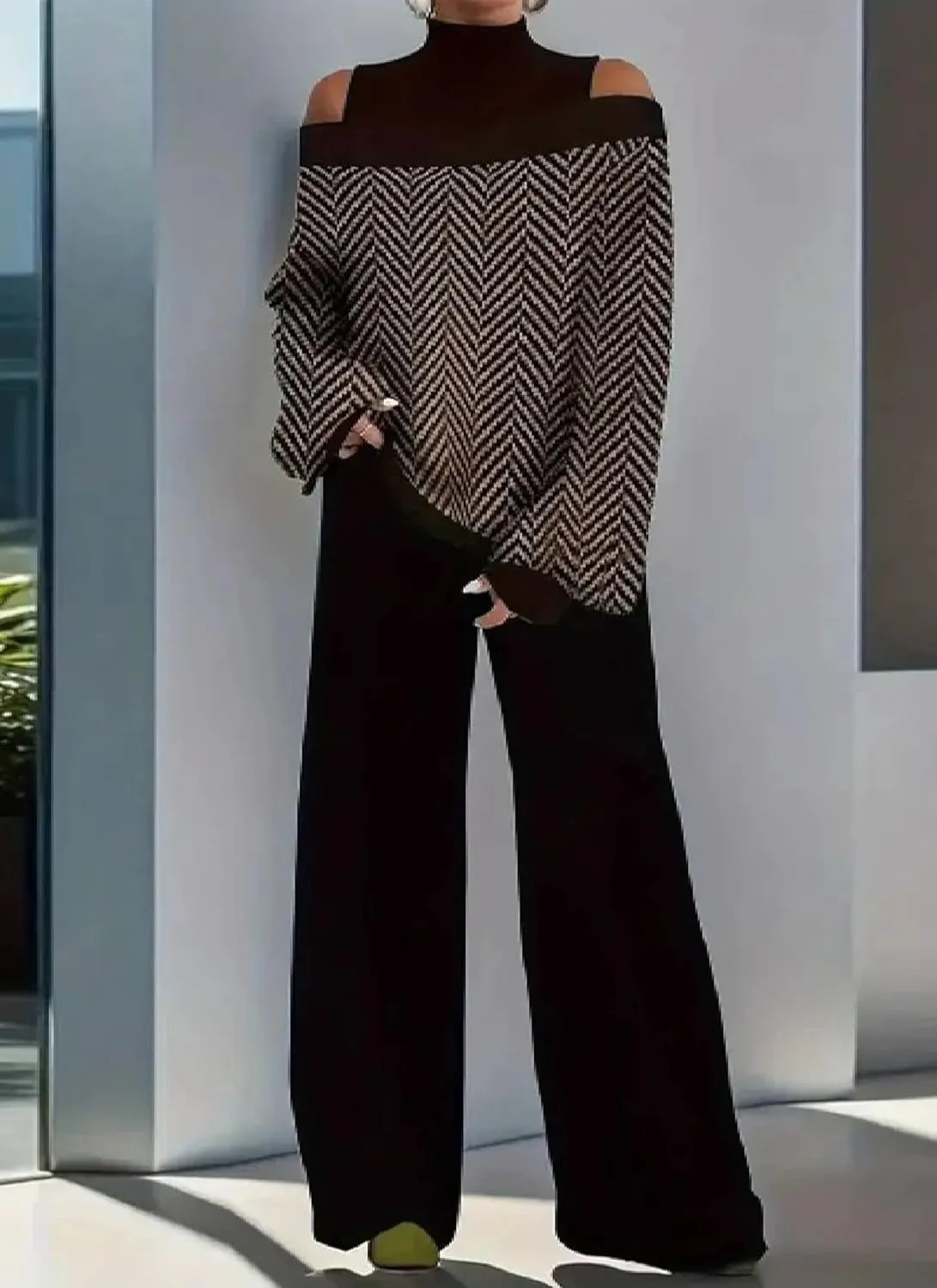 Women's Herringbone Cold Shoulder Sweater with Wide Leg Pants Set Casual Long Sleeve Two Piece Set Spring Lounge Sets
