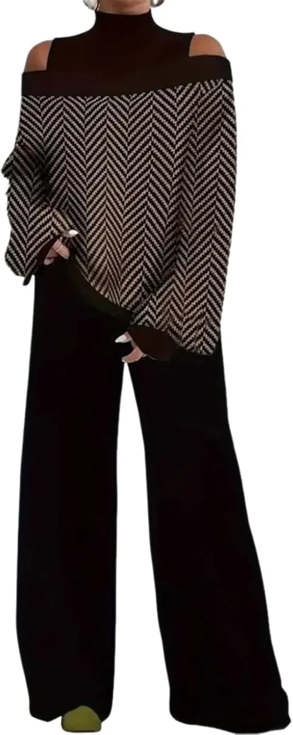 Women's Herringbone Cold Shoulder Sweater with Wide Leg Pants Set Casual Long Sleeve Two Piece Set Spring Lounge Sets