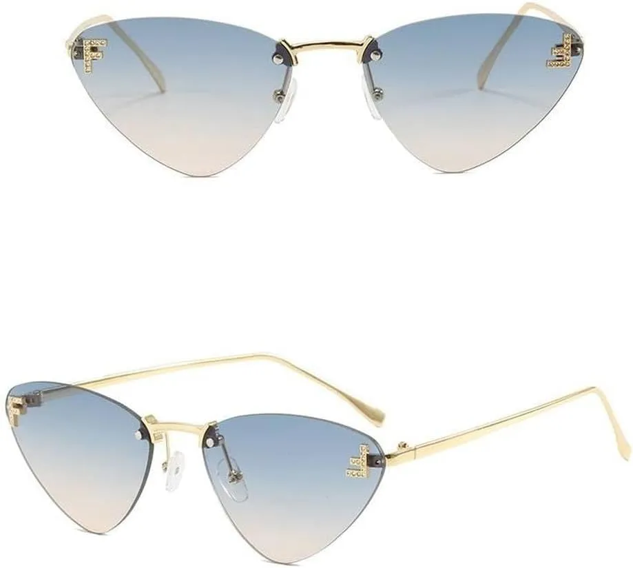 XSJGHLM-Rimless Cat Eye Sunglasses Women Vintage Ocean Lenses Shades Trendy Stylish Luxury Gradient Sun Glasses