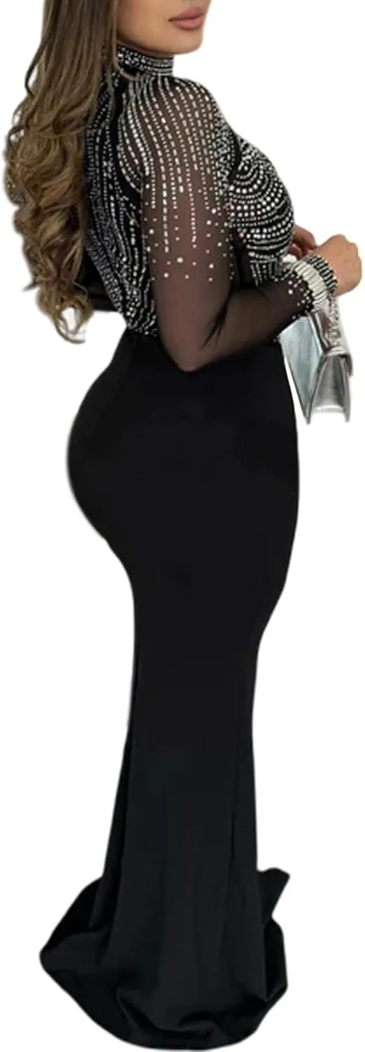 Zoctuo Party Club Night Outfits for Women Sexy Elegant Rhinestone Bodycon Dress Hot Drilling Evening Gowns