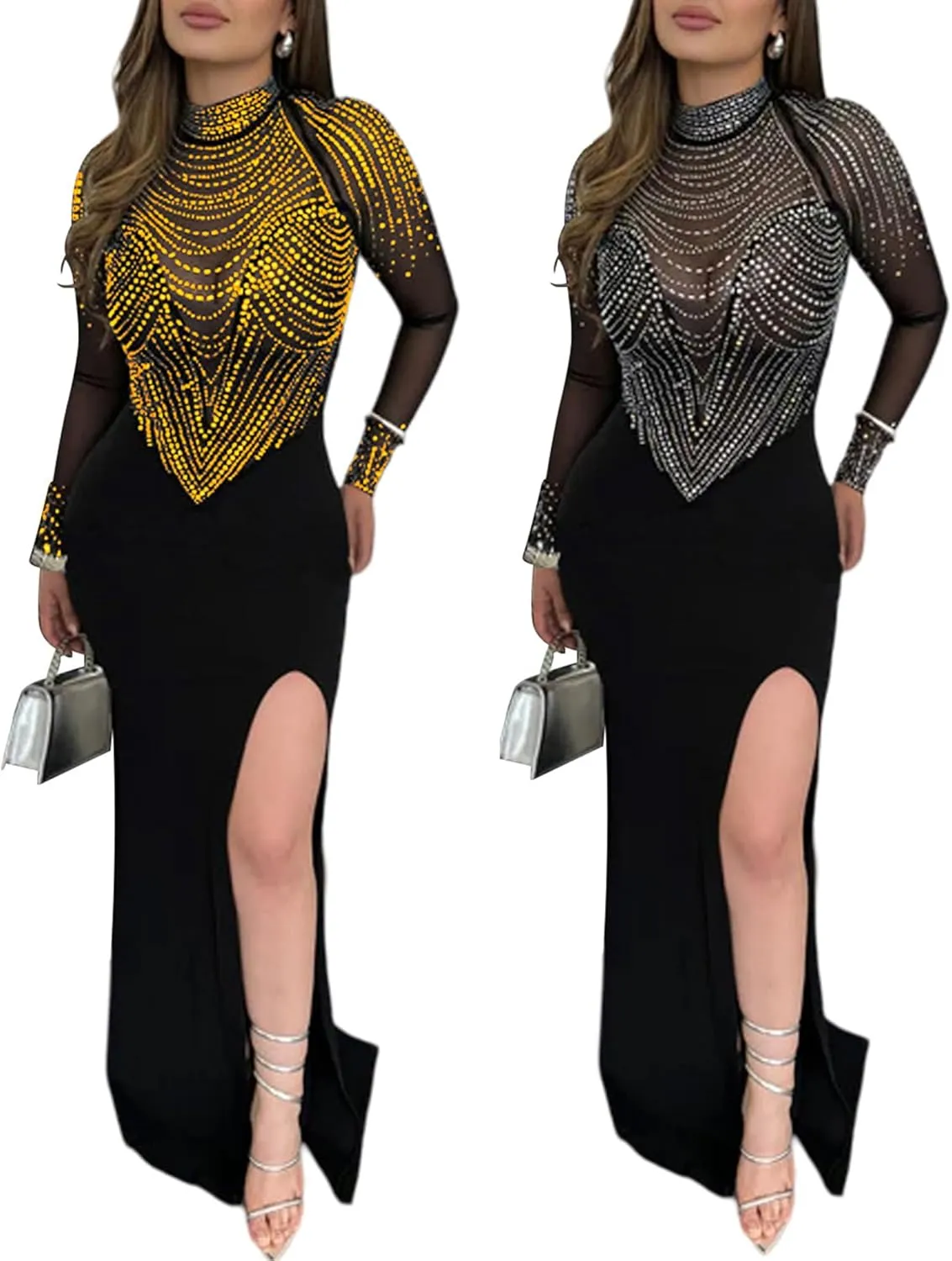 Zoctuo Party Club Night Outfits for Women Sexy Elegant Rhinestone Bodycon Dress Hot Drilling Evening Gowns