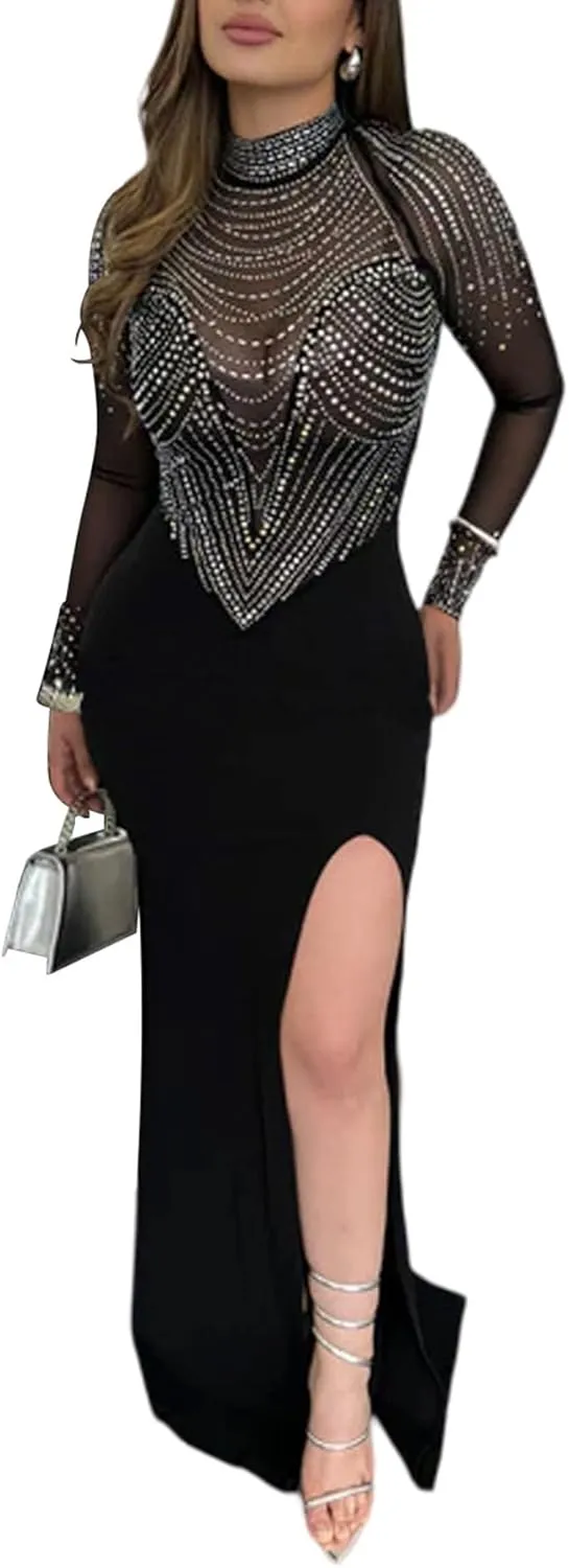 Zoctuo Party Club Night Outfits for Women Sexy Elegant Rhinestone Bodycon Dress Hot Drilling Evening Gowns
